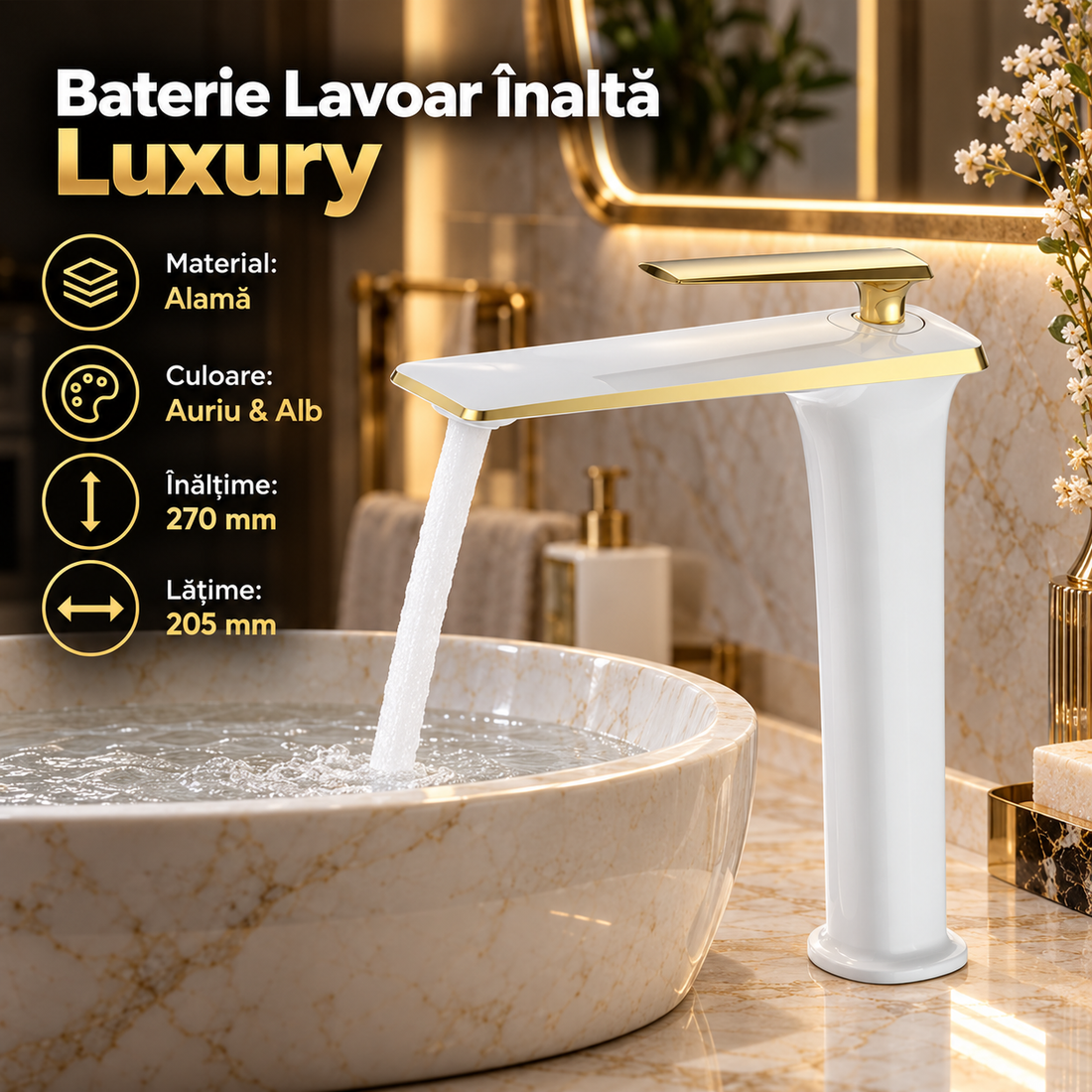 Смесител за мивка висок Luxury Line Golden White 004