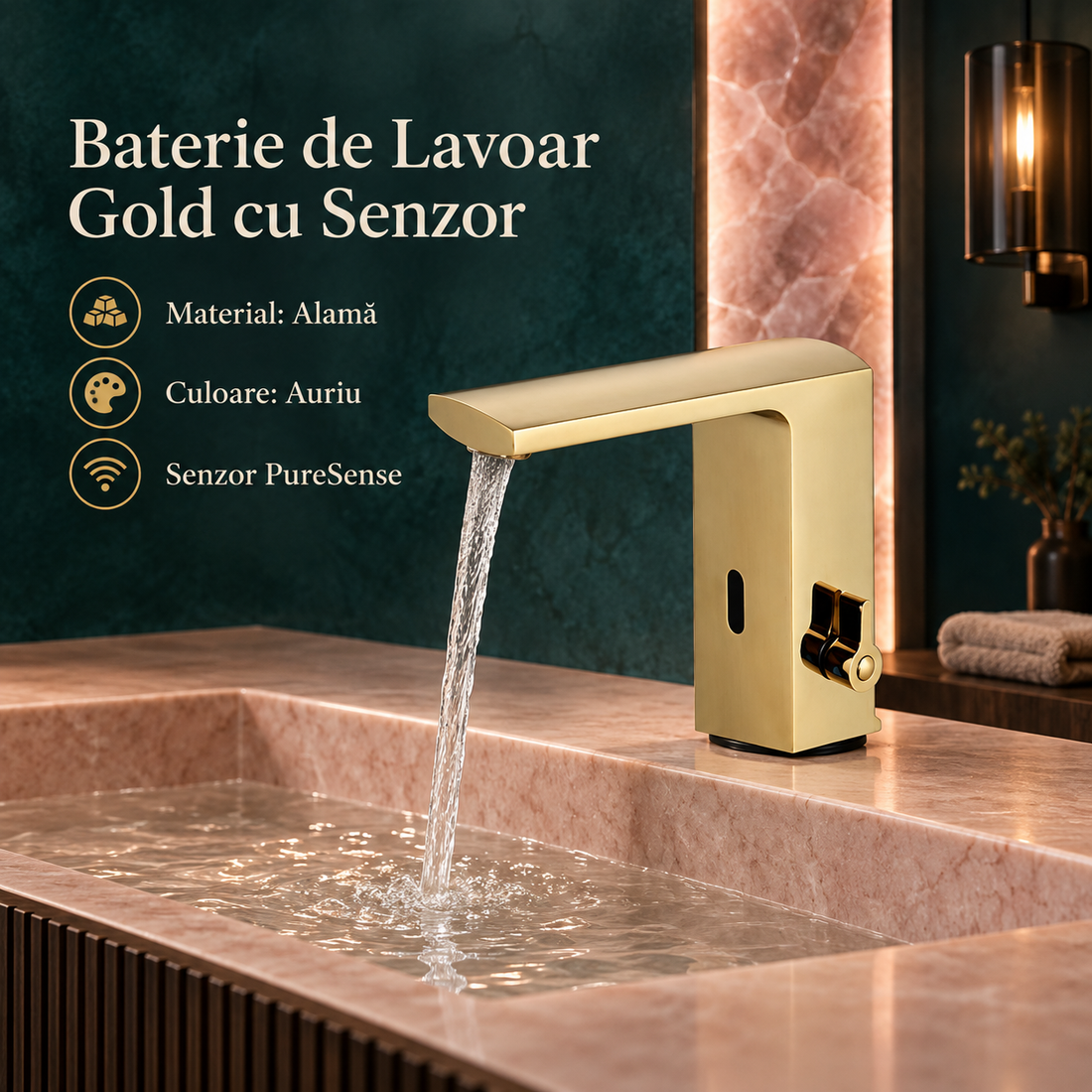 Смесител за мивка със сензор, матово златно покритие PureSense Gold