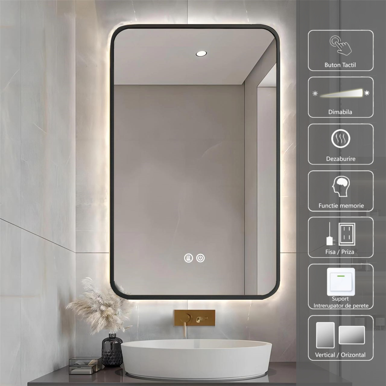 LED огледало 60x80cm с черна рамка, 3 вида светлина, против запотяване и Touch OD041/BK