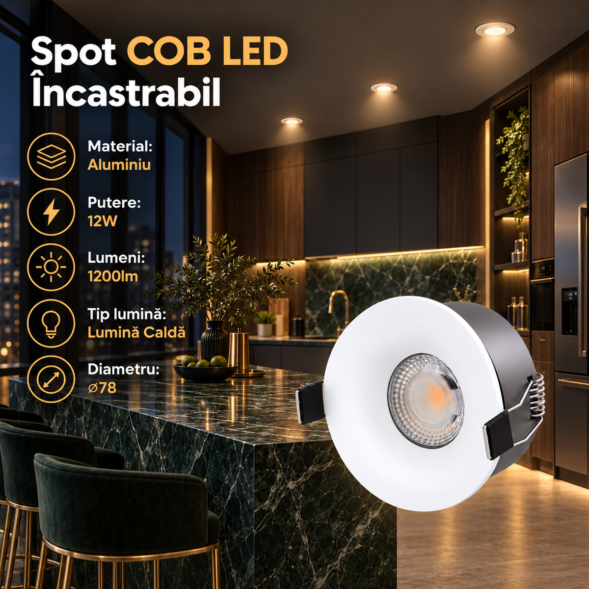 COB LED спот 12W Кръгъл Бял / ⌀78mm / Вграден / Топла светлина