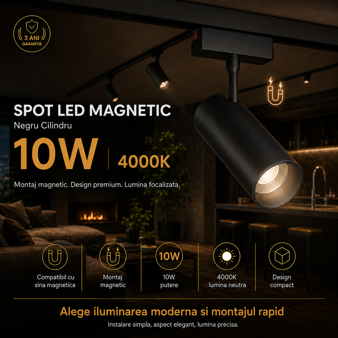 LED спот 10W магнитен черен цилиндър