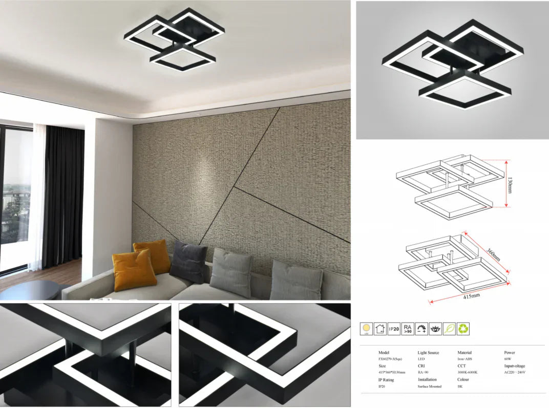 Модерно LED осветително тяло 3 Square Black еквивалент 300W с дистанционно