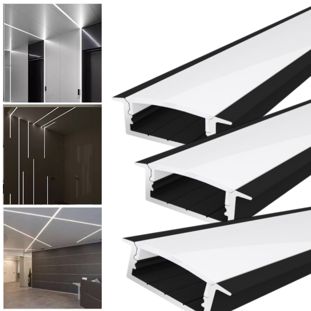 Profil LED 2 METRI Incastrat Negru Plat XL Dispersor Alb LED Strips