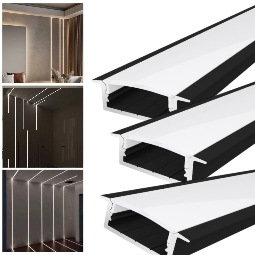 Profil LED 2 METRI Incastrat Negru Plat XL Dispersor Alb LED Strips