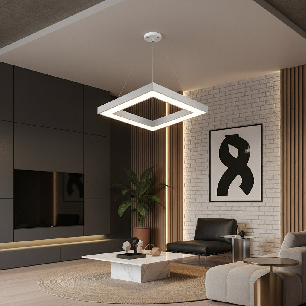 LED осветително тяло висящо RENZO Square White с дистанционно, еквивалент 300W