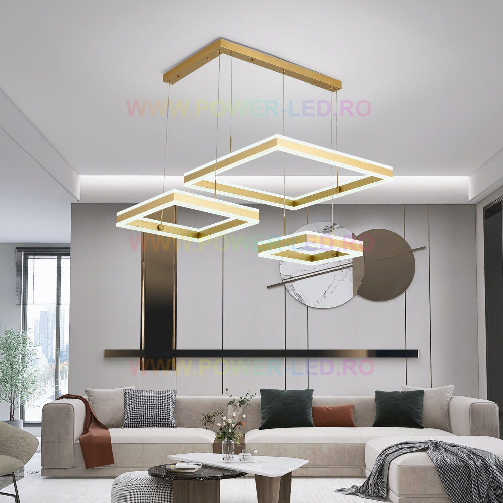 LED осветително тяло 416W CASSANDRA Square Gold 3 сегмента с дистанционно