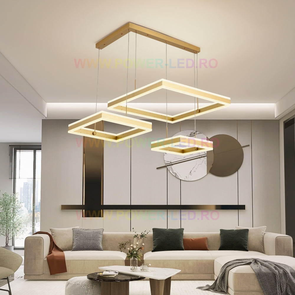 LED осветително тяло 416W CASSANDRA Square Gold 3 сегмента с дистанционно