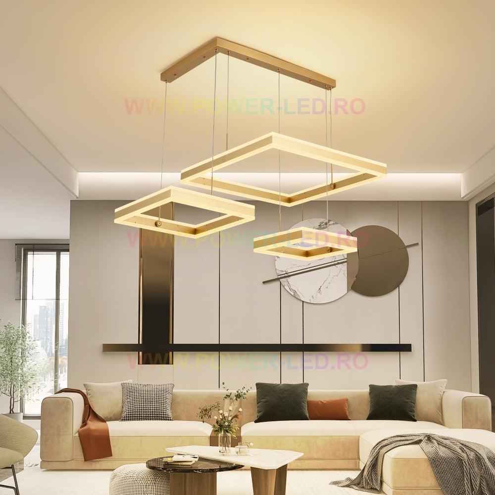 LED осветително тяло 416W CASSANDRA Square Gold 3 сегмента с дистанционно