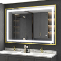 LED огледало 100x80cm със златиста рамка, функция против замъгляване, Touch и часовник J44