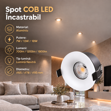 COB LED спот 7W Кръгъл Бял / ⌀65mm / Вграден / Неутрална светлина
