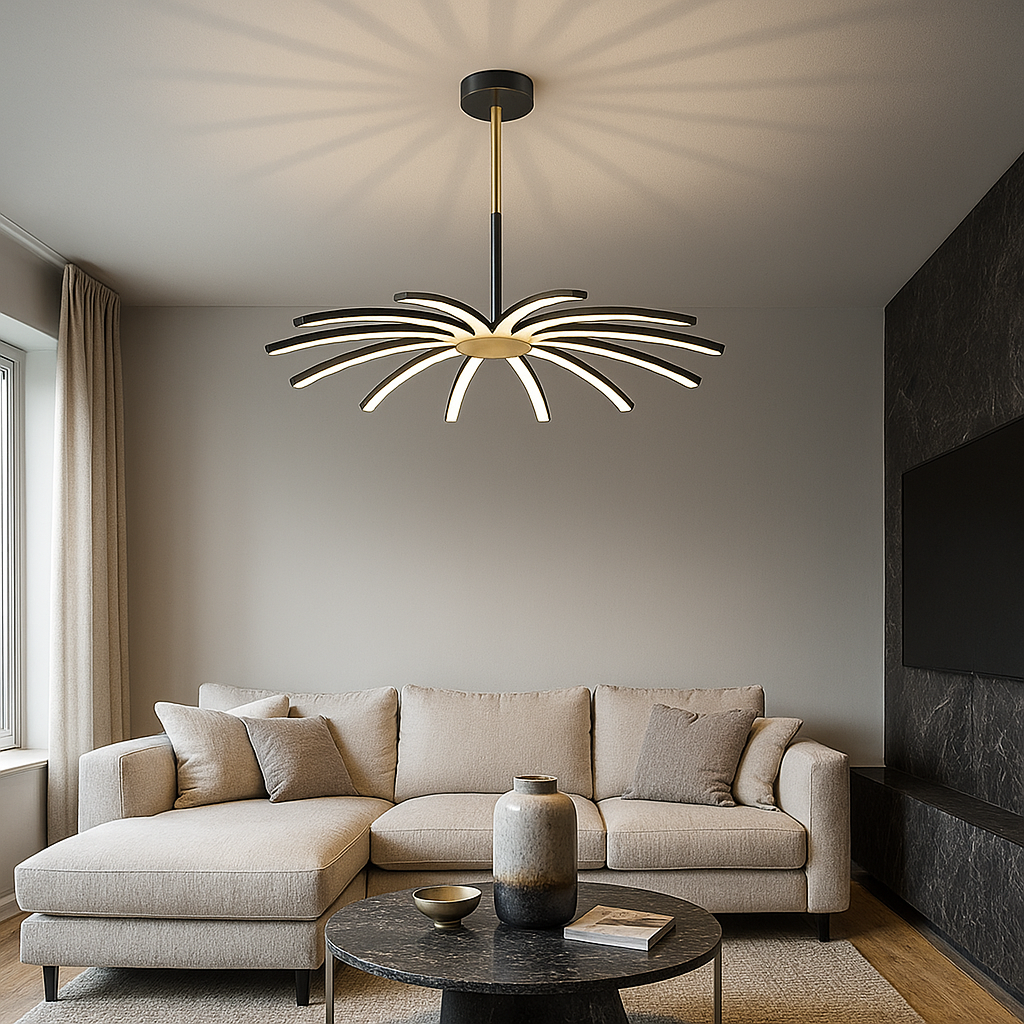 LED осветително тяло Eteris Black&Gold, висящо, 14 елемента, еквивалент 600W, с дистанционно