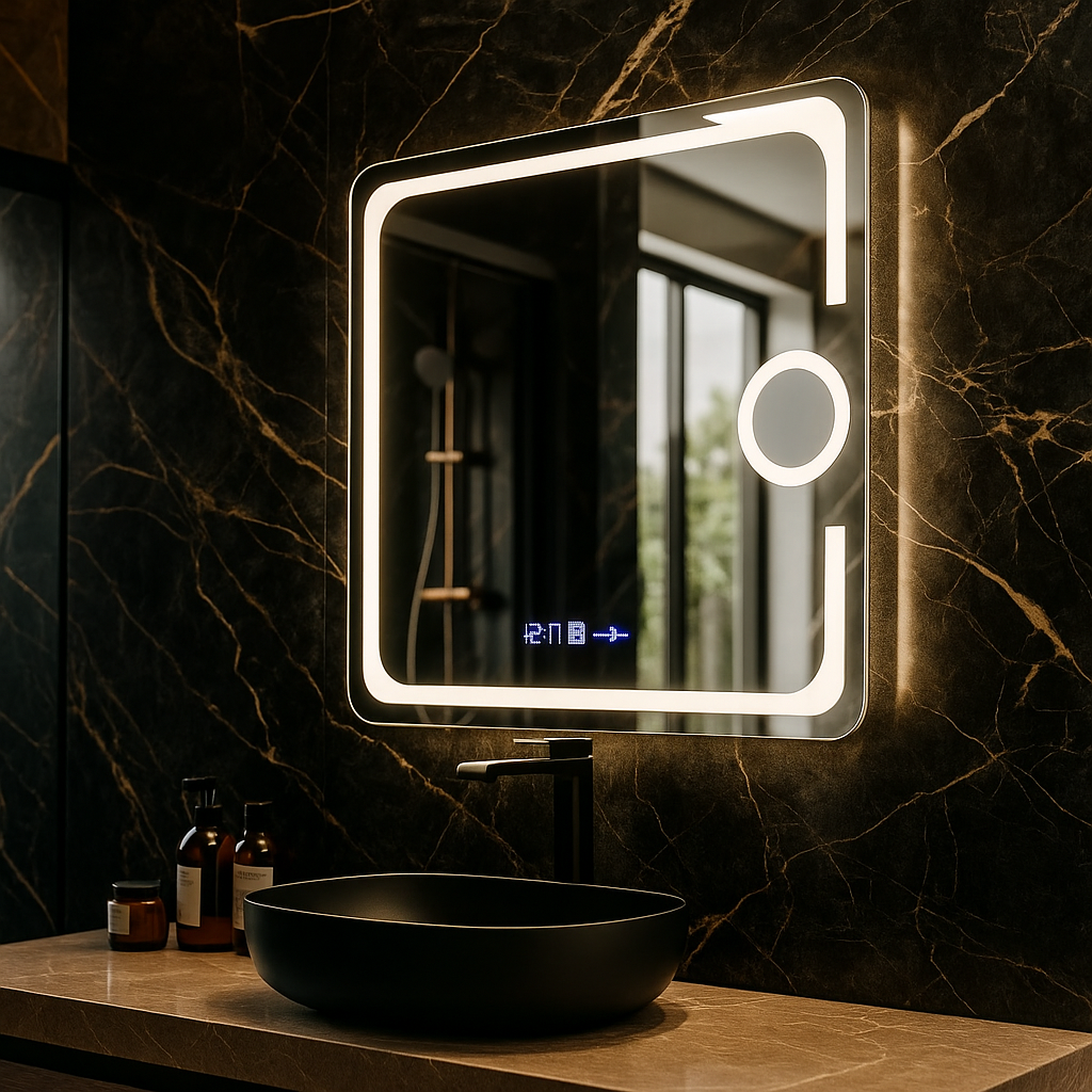 LED огледало 80x60cm, СЕНЗОР, 3 вида светлина, против замъгляване, димиране, часовник и термометър