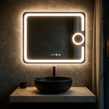 LED огледало 80x60cm, СЕНЗОР, 3 вида светлина, против замъгляване, димиране, часовник и термометър