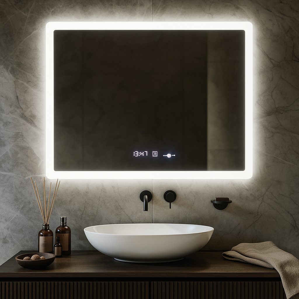 LED огледало Obra 80x60cm, СЕНЗОР, 3 вида светлина, против запотяване, димиране, часовник и термометър