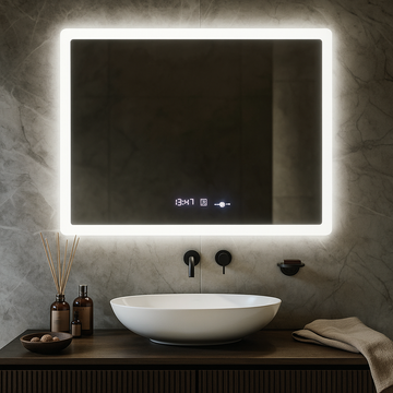 LED огледало Obra 80x60cm, СЕНЗОР, 3 вида светлина, против запотяване, димиране, часовник и термометър