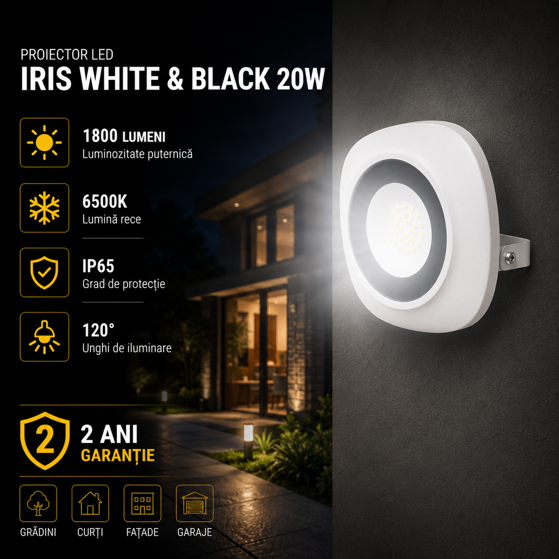 LED прожектор 20W IRIS кръгъл бял