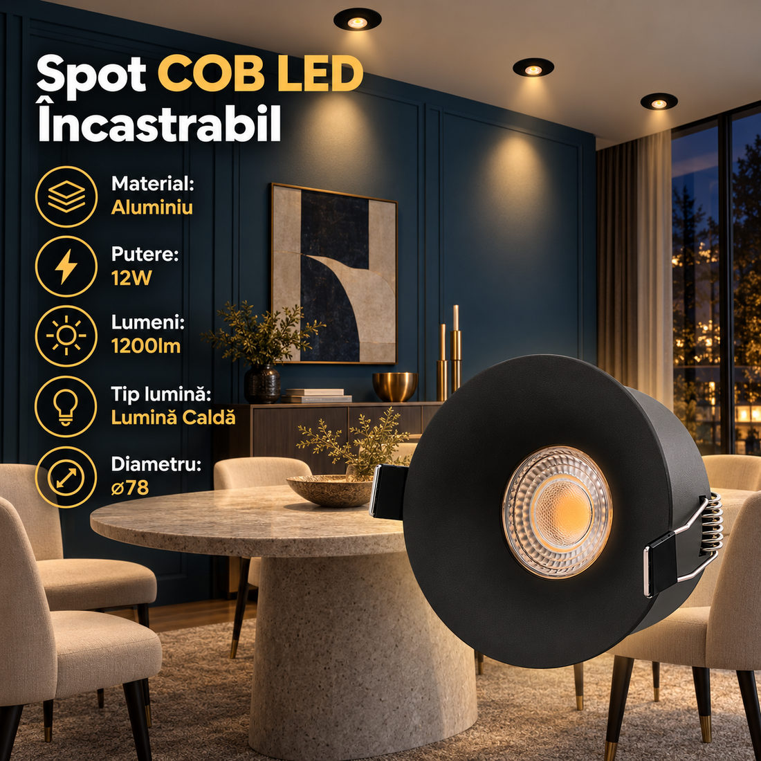 COB LED спот 12W Кръгъл Черен / ⌀78mm / Вграден / Топла светлина