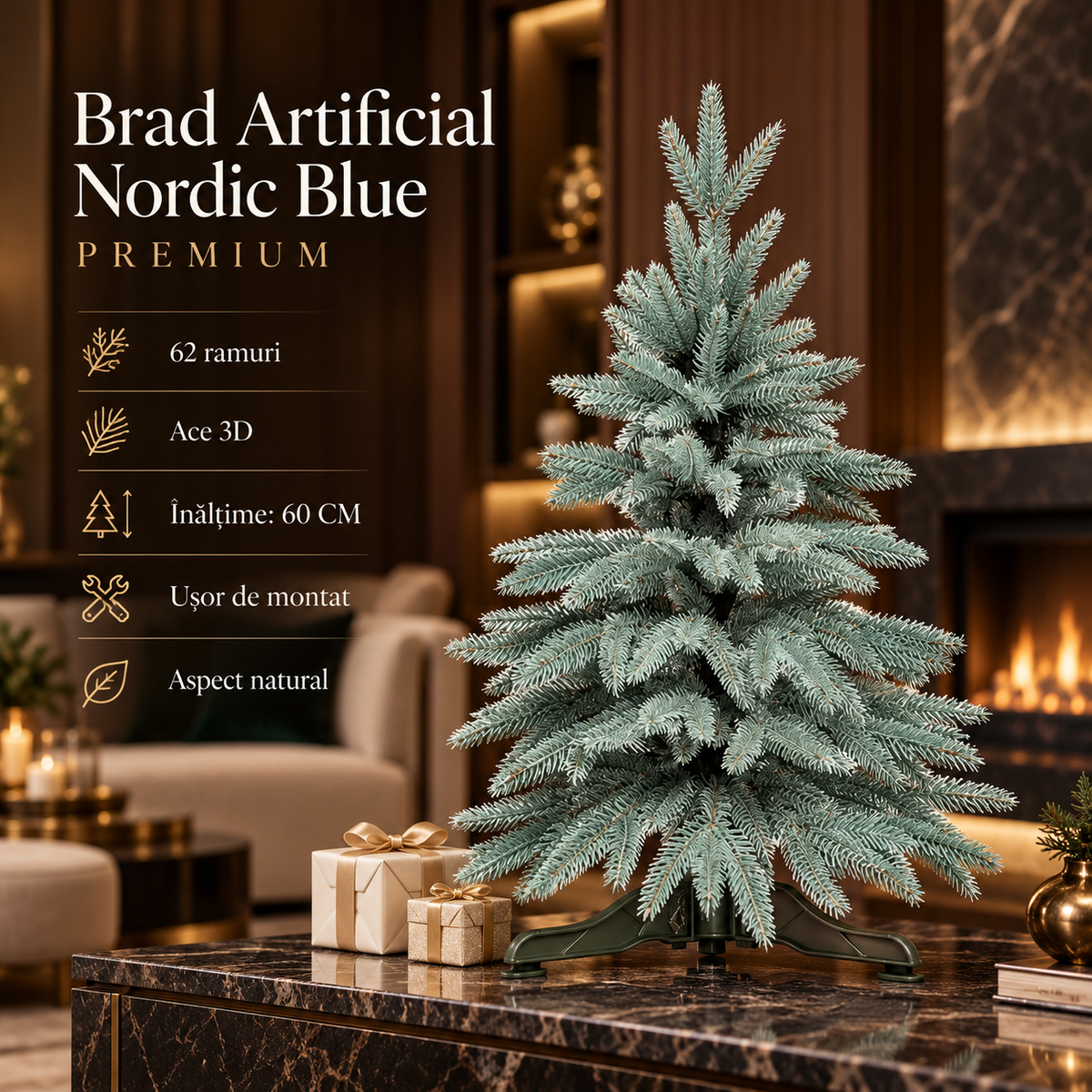 Изкуствена коледна елха 60cm Nordic Blue 62 клона с 3D иглички, естествен вид