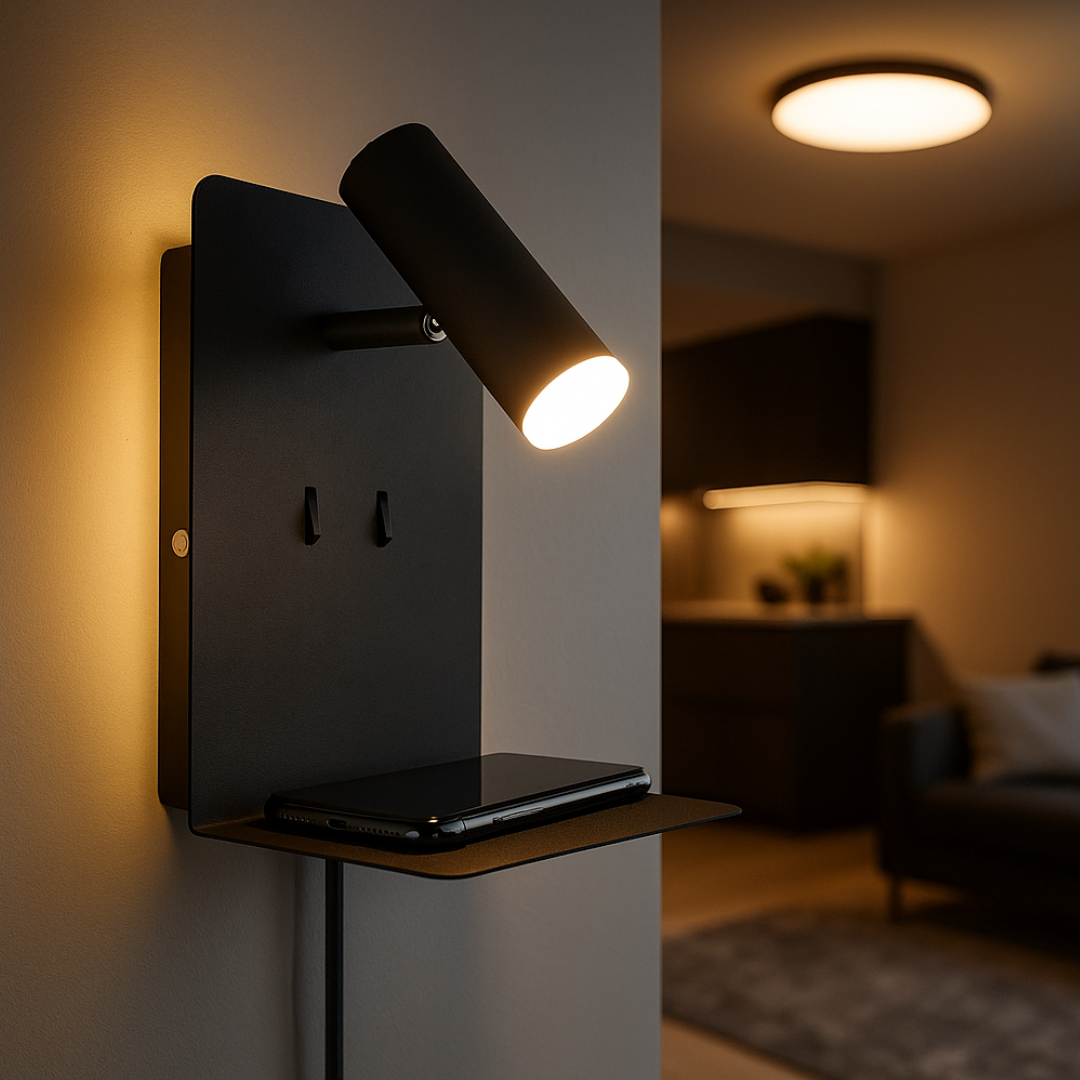 LED аплик за стена 6W черна с поставка за телефон и USB