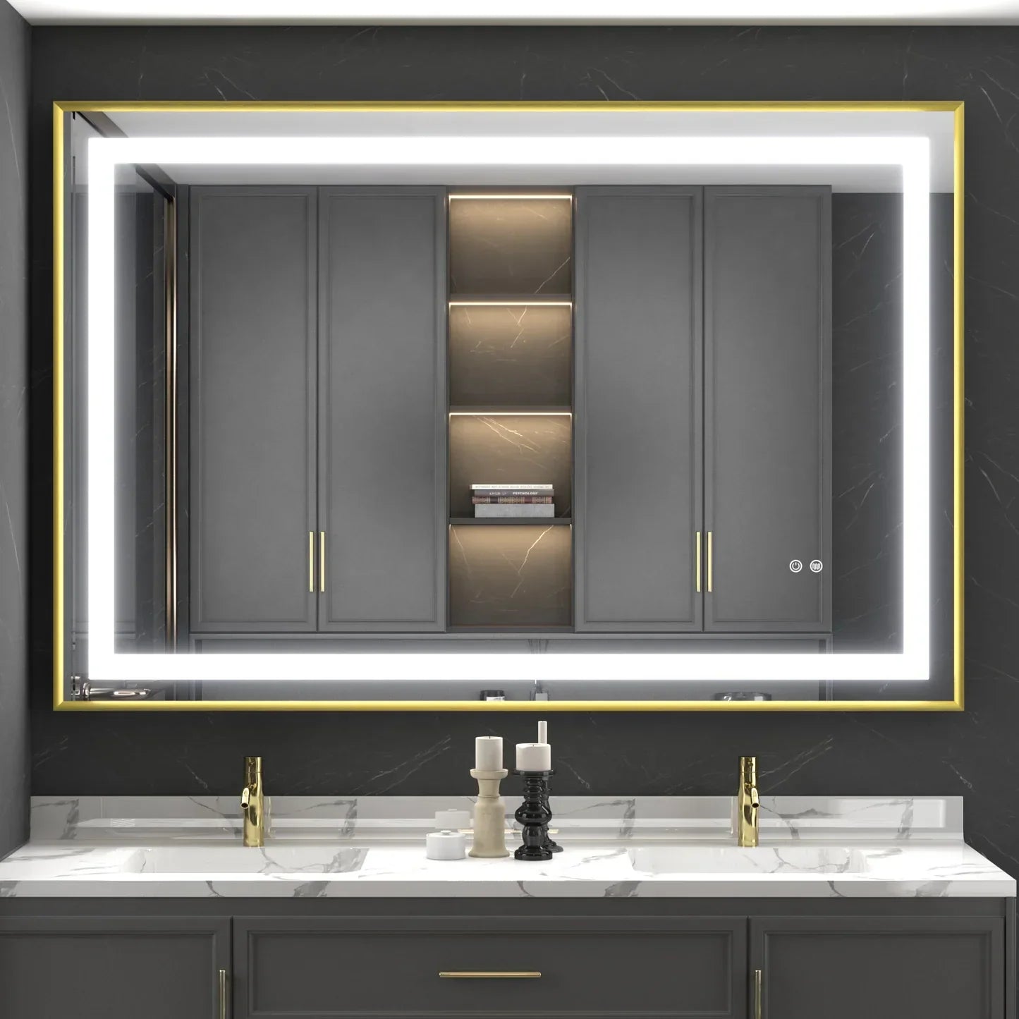 LED огледало 100x80cm със златиста рамка, функция против замъгляване, Touch и часовник J44