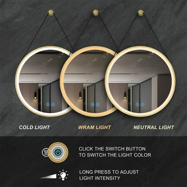 LED огледало за баня 60cm FOG GOLD Кожа+Алуминий, сензор за движение, температура, часовник и противозапотяване