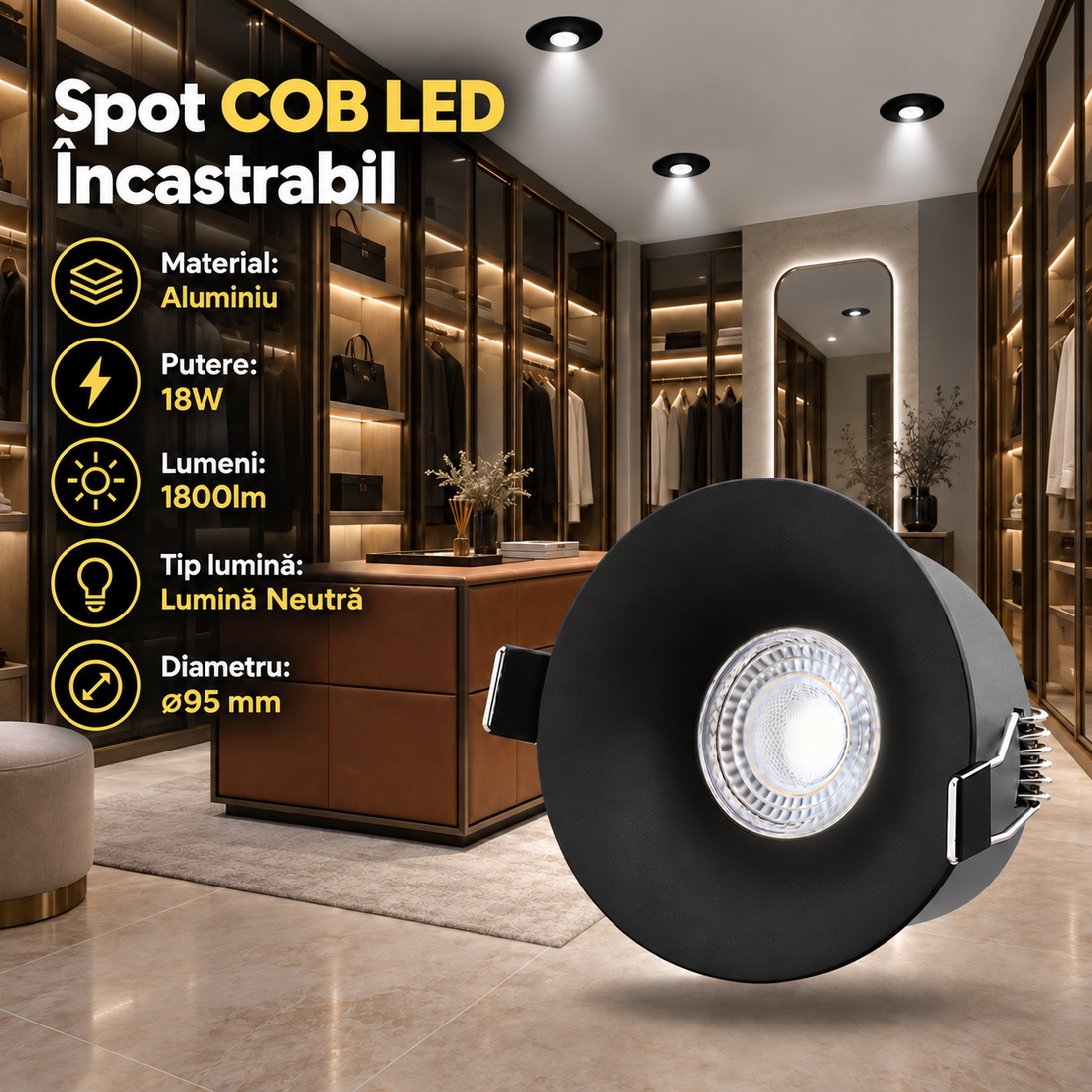 COB LED спот 18W Кръгъл Черен / ⌀95mm / Вграден / Неутрална светлина