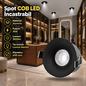 COB LED спот 18W Кръгъл Черен / ⌀95mm / Вграден / Неутрална светлина