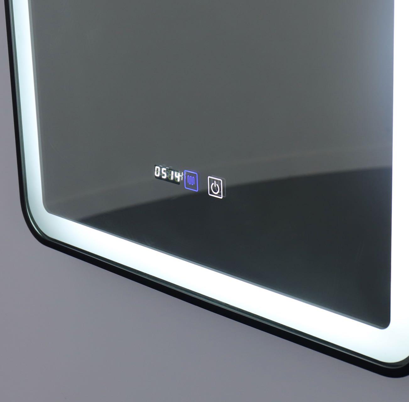 LED огледало 60x90cm с черна рамка, функция против замъгляване, тъч и часовник J36
