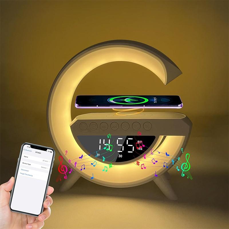 LED настолна лампа RGB с безжично зареждане, Bluetooth, часовник, аларма и USB