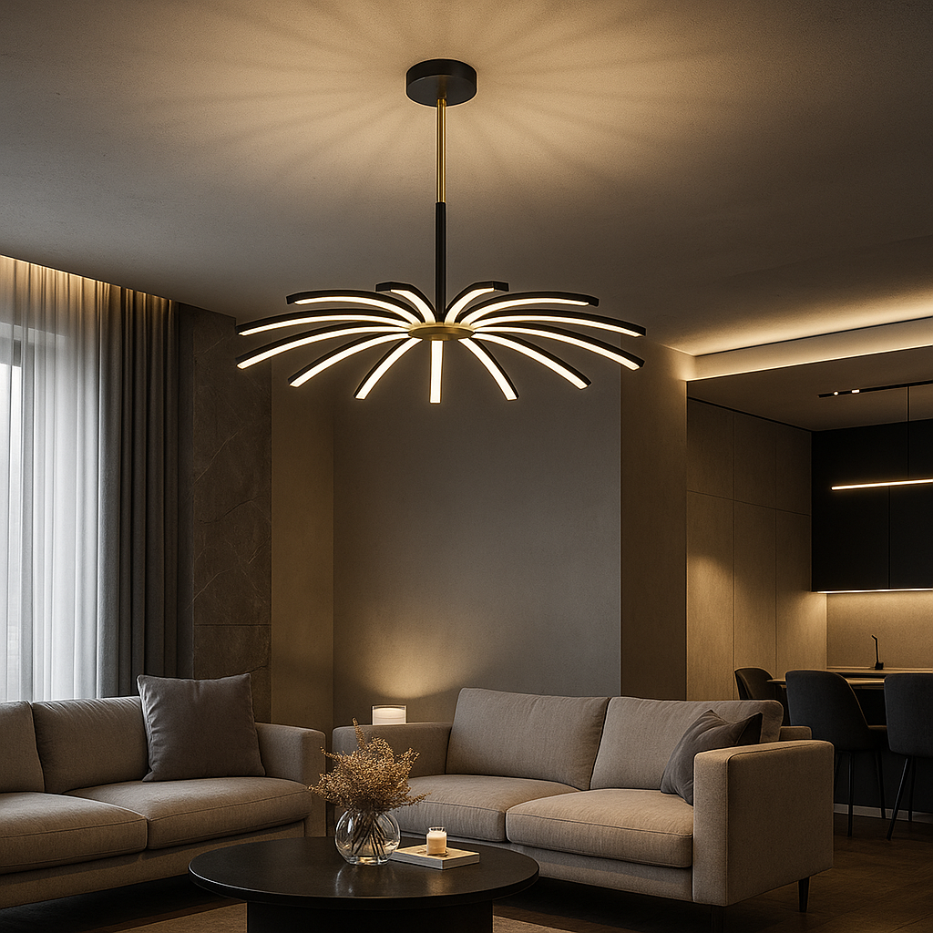 LED осветително тяло Eteris Black&Gold, висящо, 14 елемента, еквивалент 600W, с дистанционно