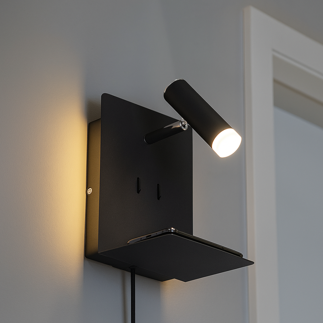 LED аплик за стена 6W черна с поставка за телефон и USB