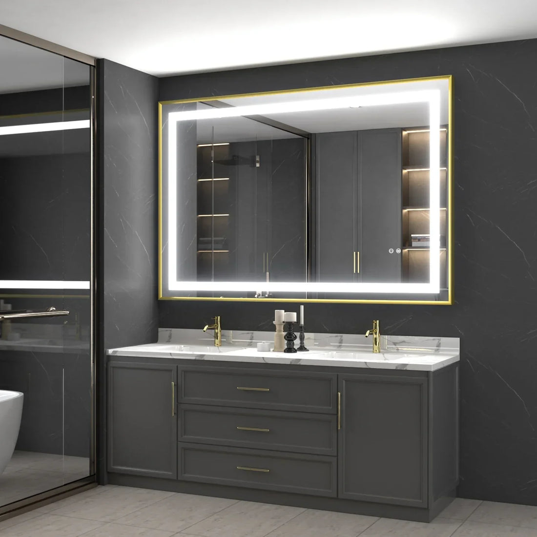 LED огледало 80x60cm със златиста рамка, функция против замъгляване и Touch J07