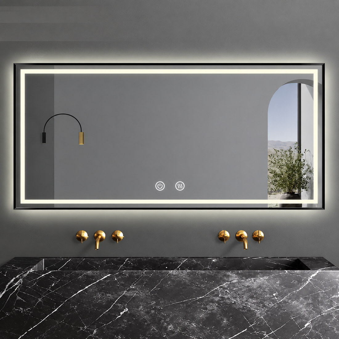 LED огледало 120x80cm с Черен рамка, функция против замъгляване, Touch и часовник J45