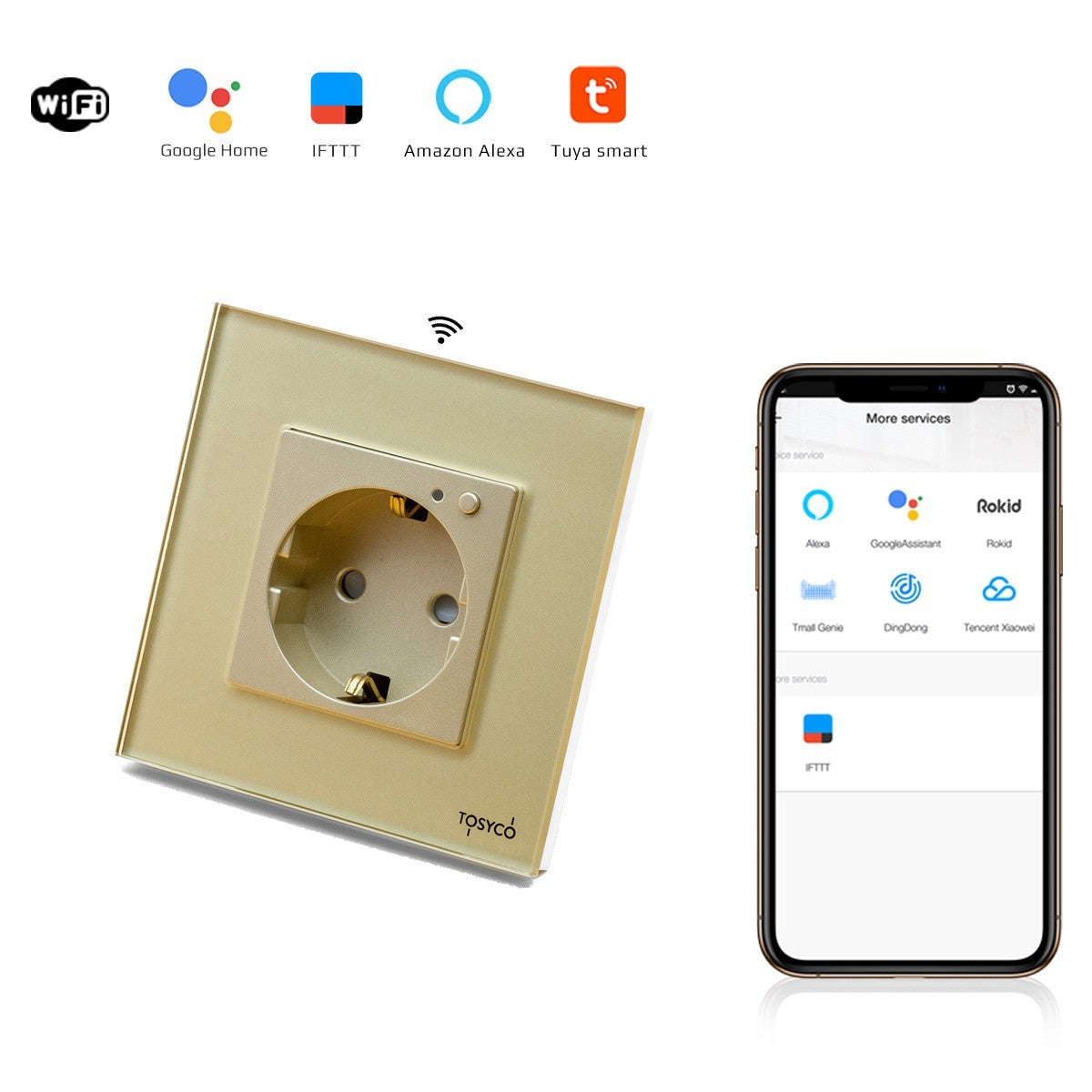 Единичен WiFi шуко контакт с рамка от стъкло