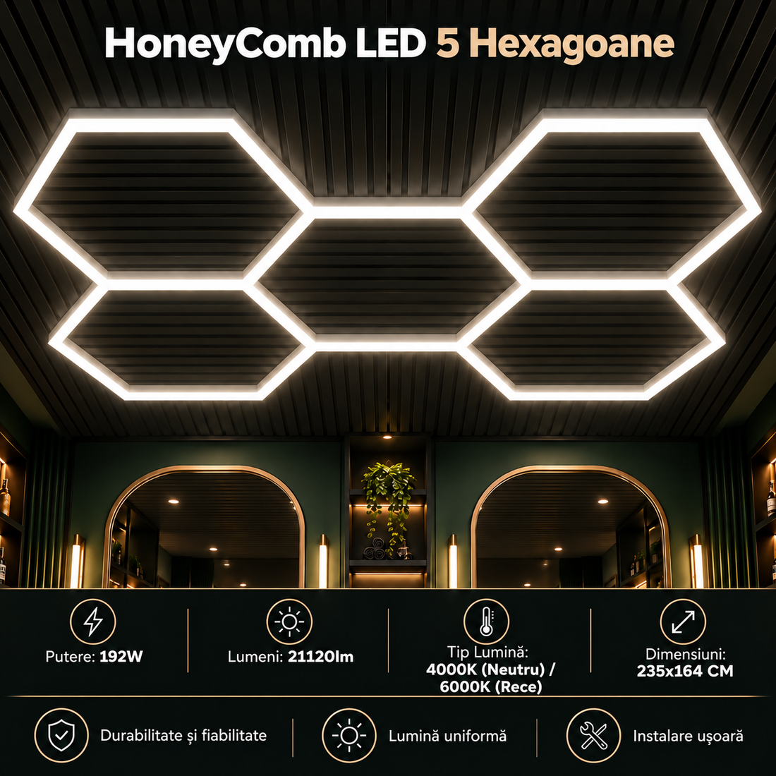 HoneyComb LED 5 светещи шестоъгълника 192W 235 X 164 CM