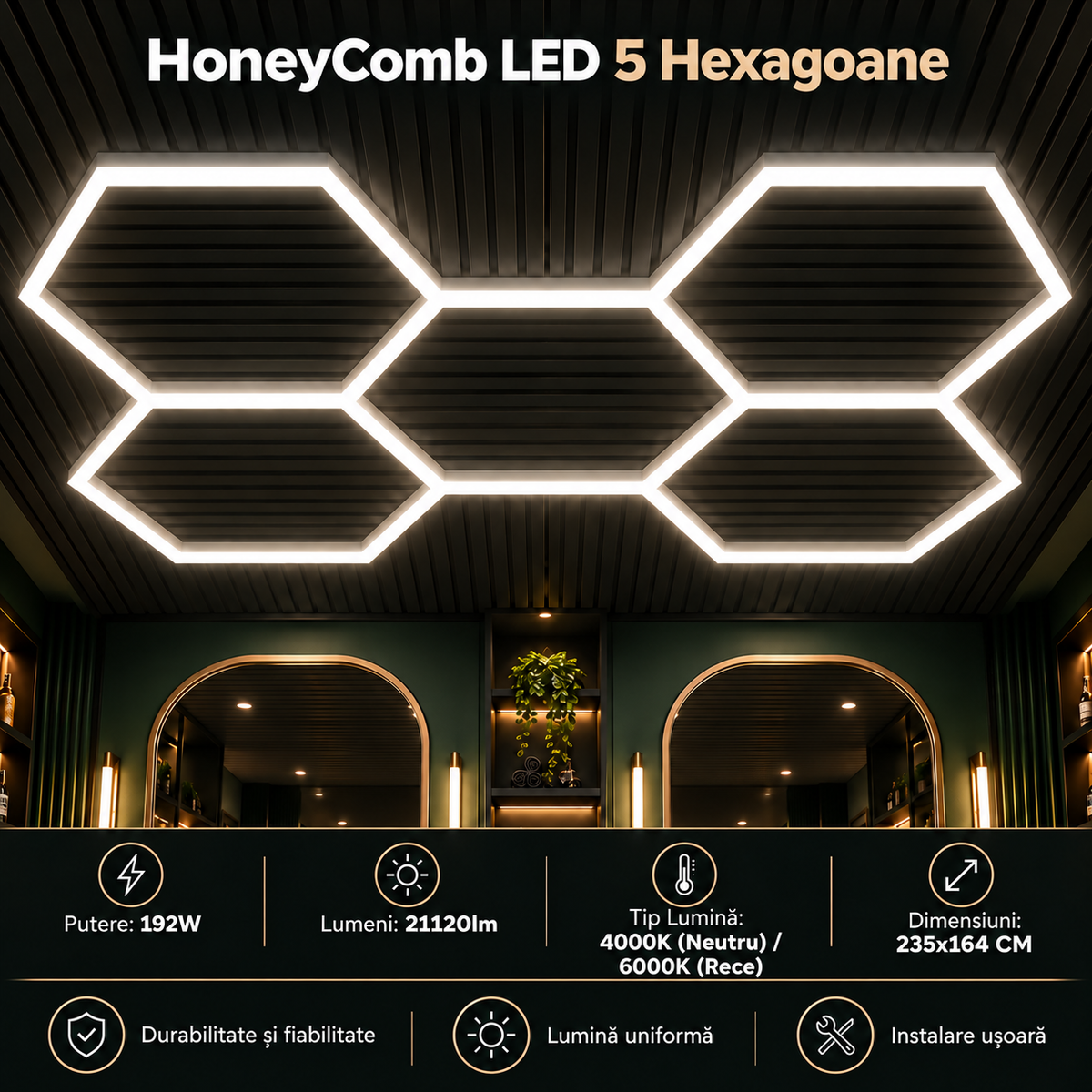 HoneyComb LED 5 светещи шестоъгълника 192W 235 X 164 CM