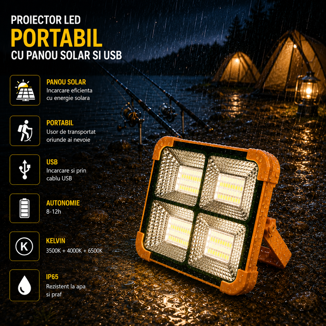 Прожектор LED 100W преносим, соларен панел, USB, 4 функции