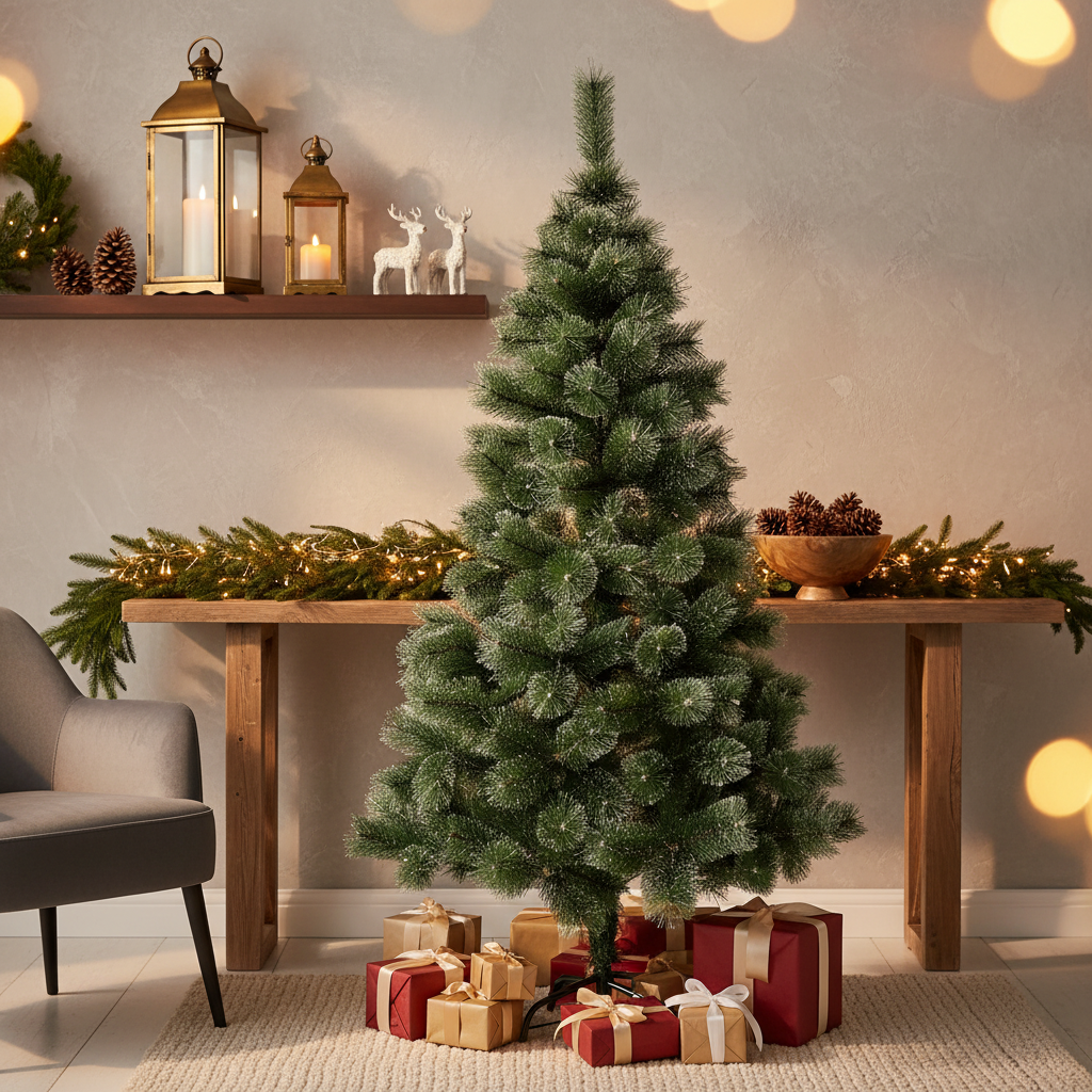 Изкуствена коледна елха 120cm бор със заснежени върхове, 3D иглички, метална стойка A1