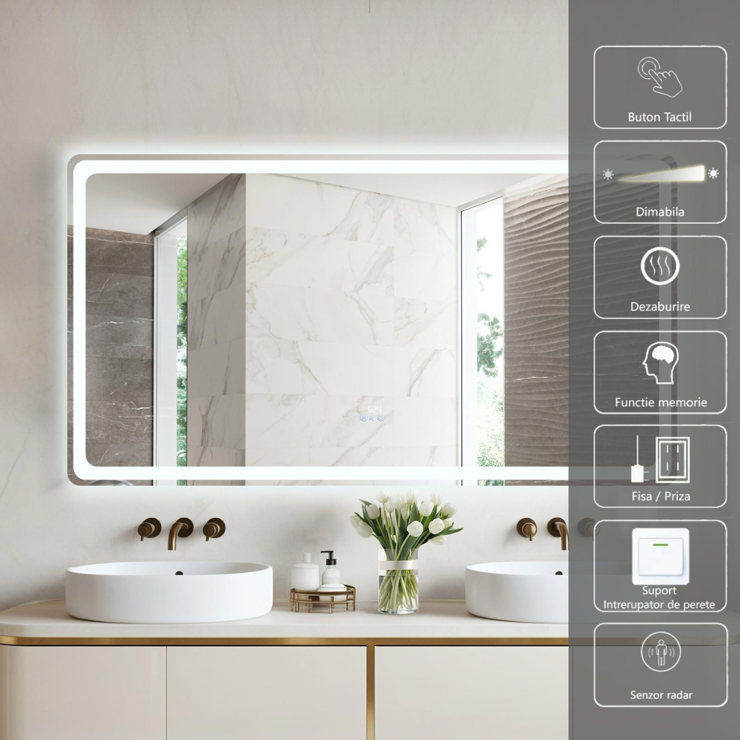 LED огледало 150x80CM със сензор радар, 3 вида светлина, touch, демистер, часовник, термометър