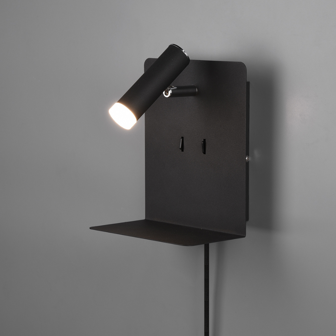 LED аплик за стена 6W черна с поставка за телефон и USB