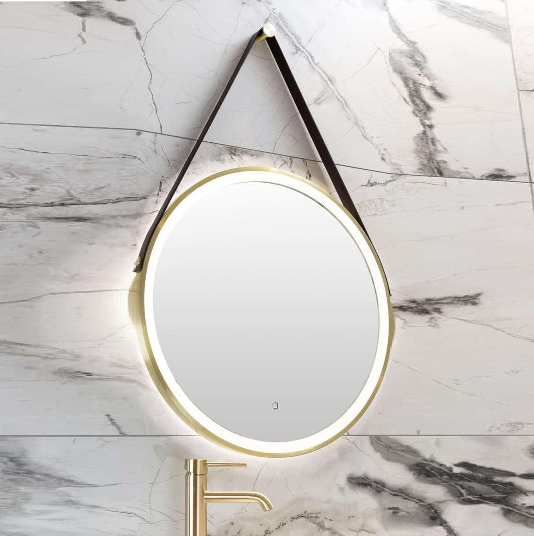 LED огледало за баня 60cm FOG GOLD Кожа+Алуминий, сензор за движение, температура, часовник и противозапотяване