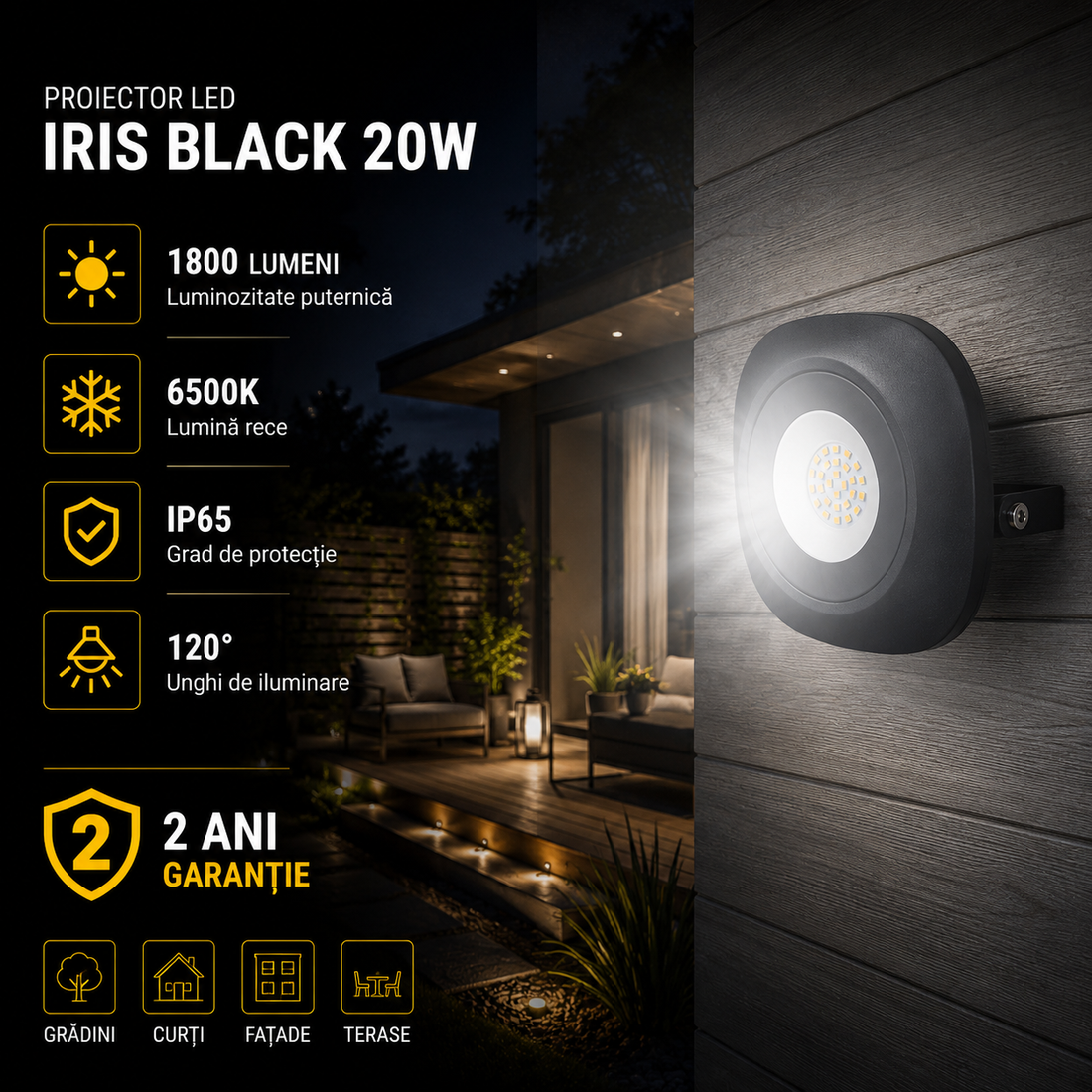 LED прожектор 20W IRIS кръгъл черен