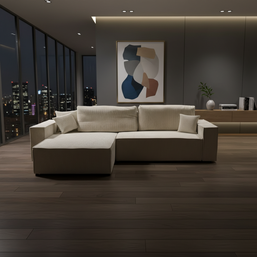 Разтегателен ъглов диван крем TREVIS 275x150cm