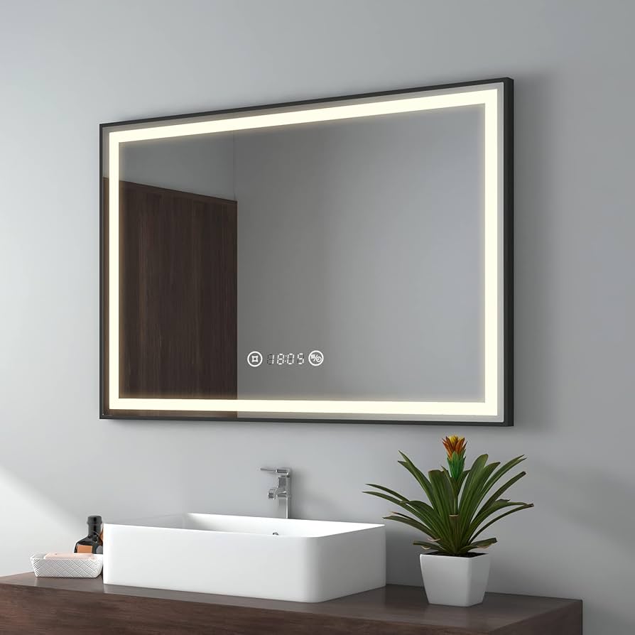 LED огледало 100x70cm с черна рамка, сензор, демист, 3 вида светлина, температура и часовник W03