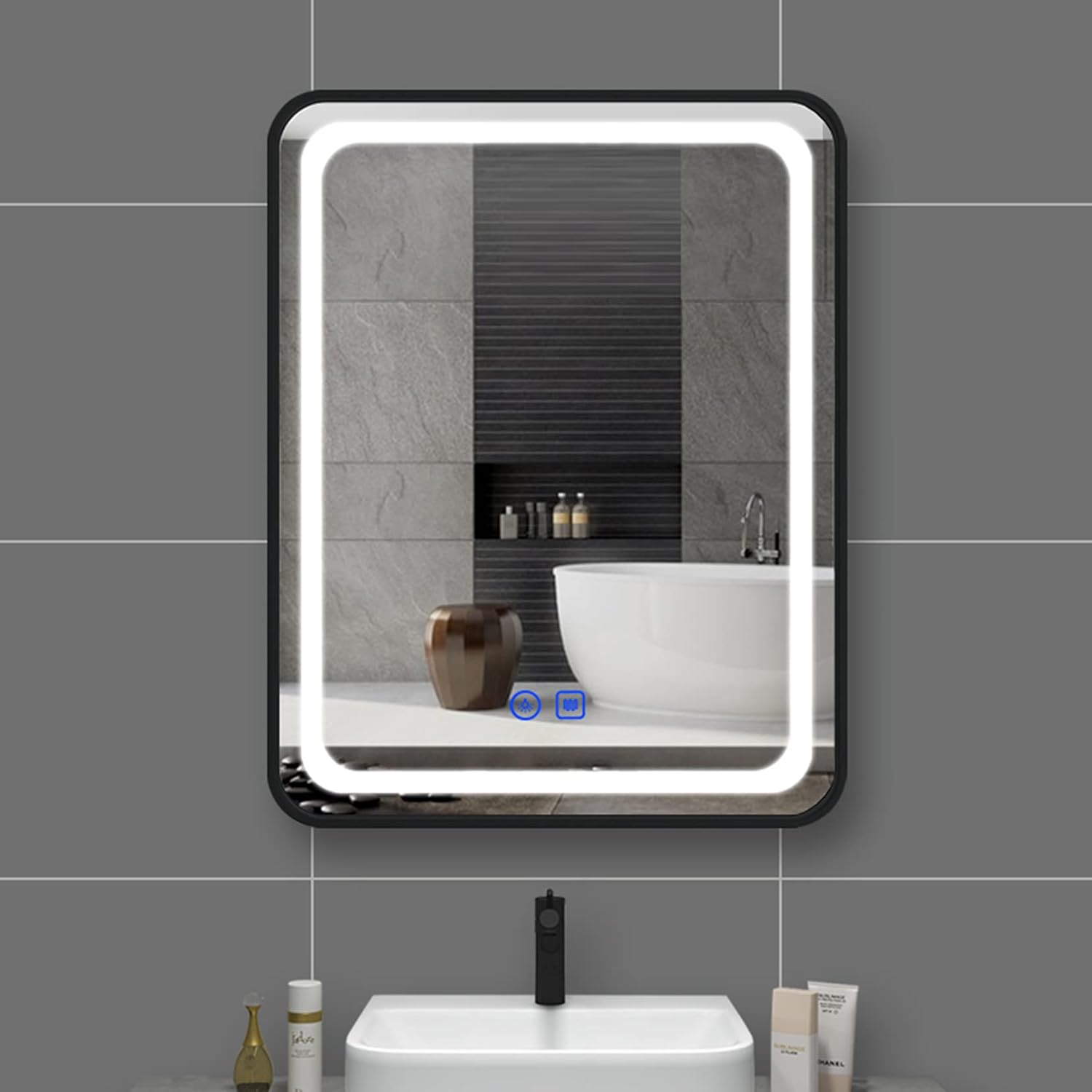 LED огледало 60x80cm черна рамка с функция против замъгляване и Touch J24