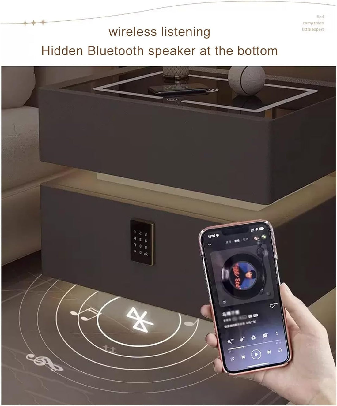 Смарт нощно шкафче Черно с безжично зареждане, LED осветление, Bluetooth колонка и заключване с код