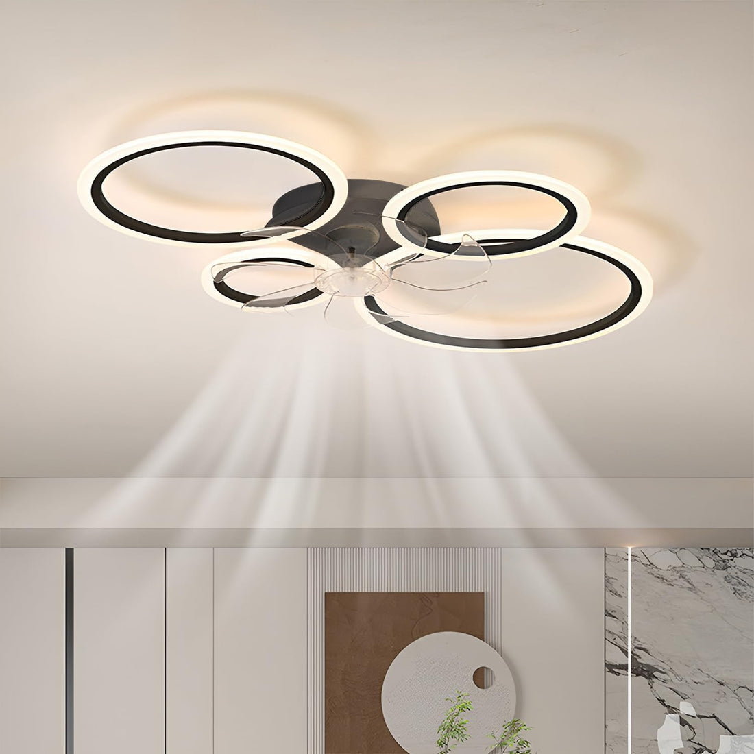 LED осветително тяло 4 Circle Black с вентилатор и дистанционно, еквивалент 400W
