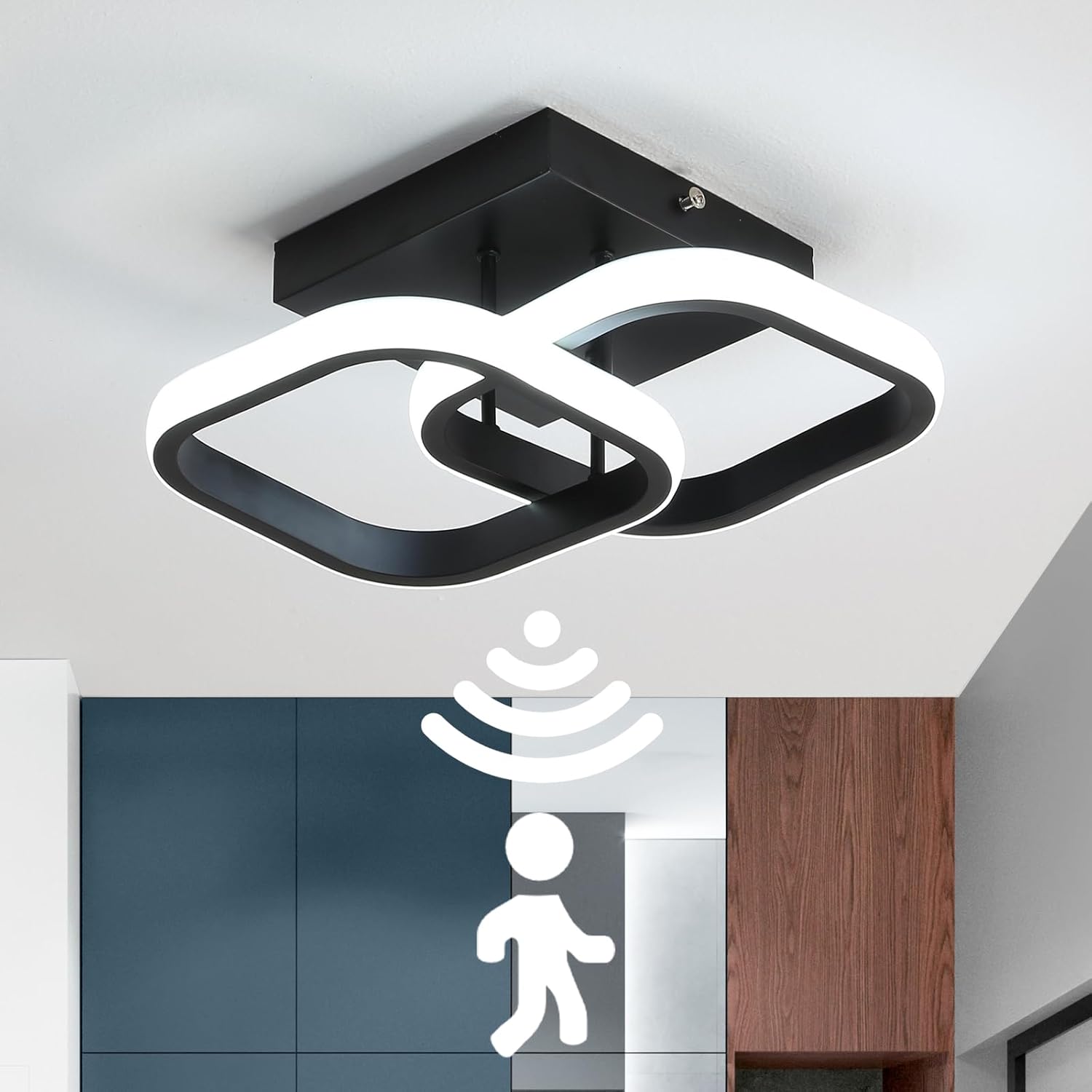 LED осветително тяло Double Square Black със сензор за движение, еквивалент 150W