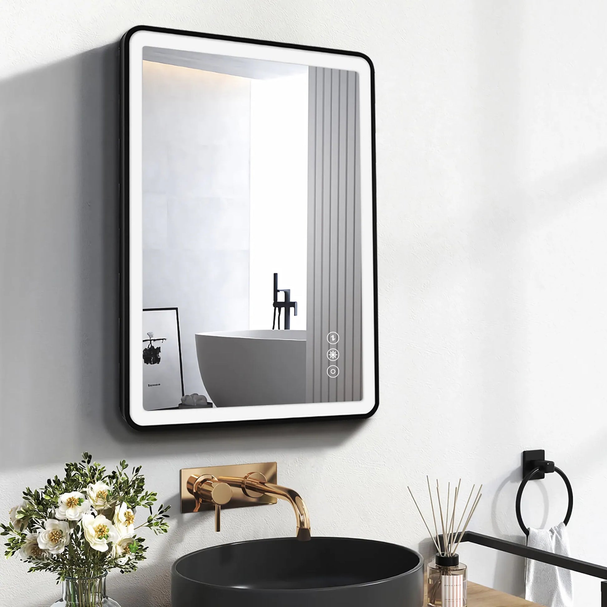 LED огледало 50x70cm черна рамка с противозапотяване и Touch J35