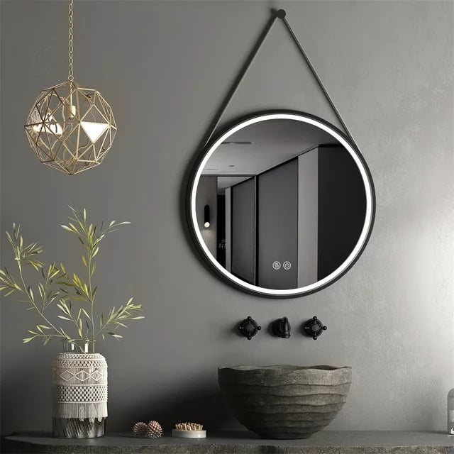 LED огледало за баня 60cm FOG Black Кожа+Алуминий, сензор за движение, температура, часовник и противозамъгляване